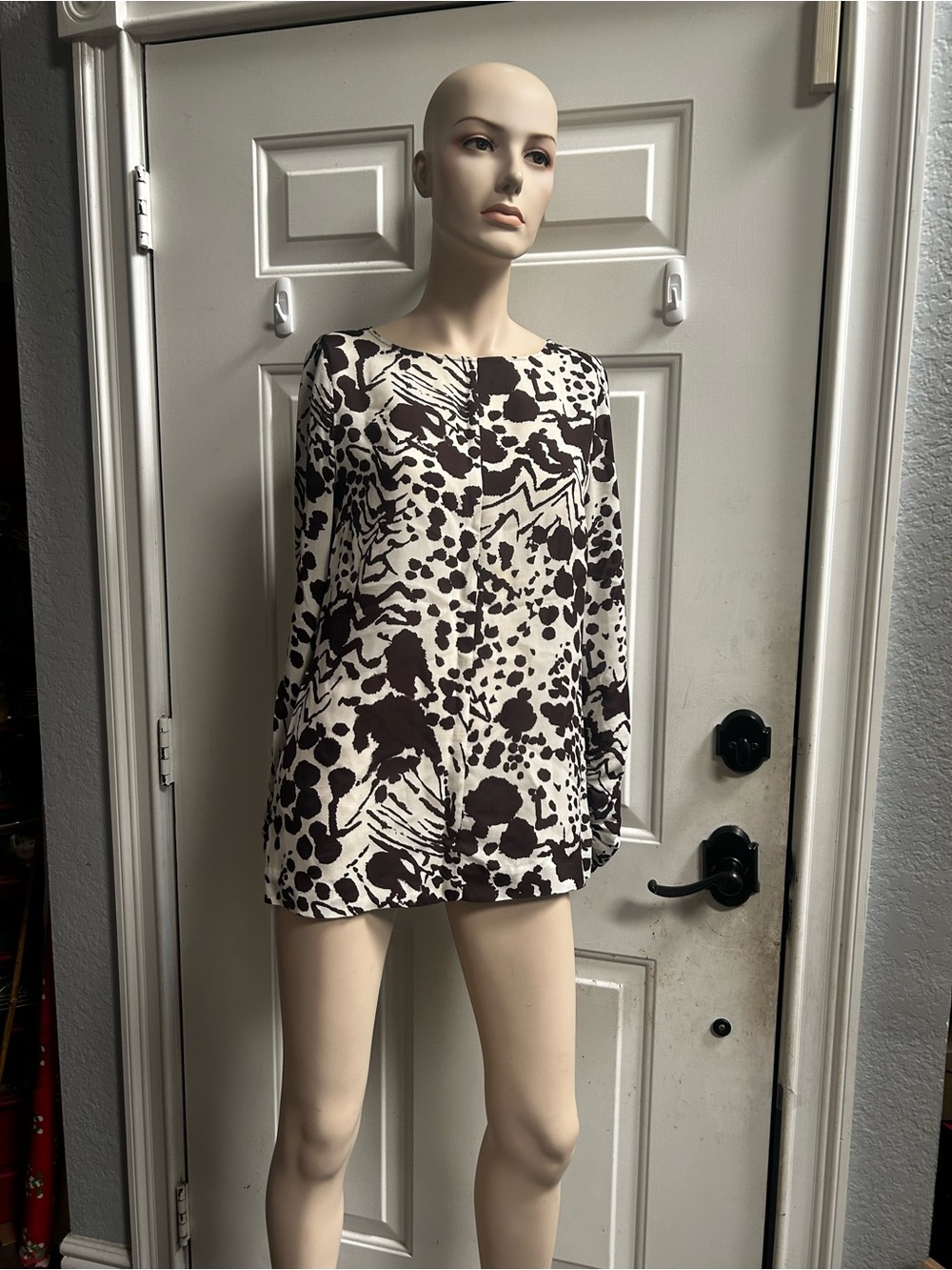 Tory Burch Silk Cream and Dark Brown Abstract Long-Sleeve Tunic Blouse Sz M